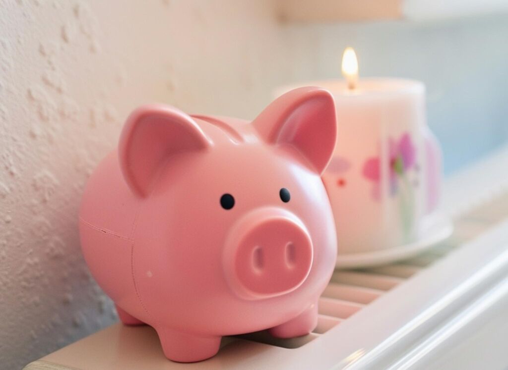 Ein rosa Sparschwein und eine brennende Kerze stehen auf einer Heizung. Foto von Xenia H&uuml;bner, Lizenz CC-BY 2.0